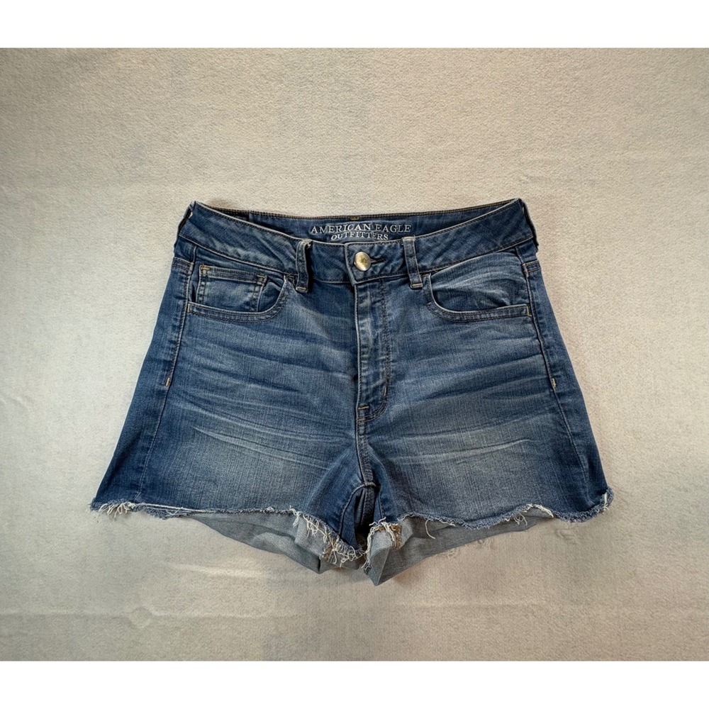 American Eagle Hi-Rise Shortie Denim Shorts Blue Raw Hem Womens Size 10 Med Wash - Picture 2 of 7